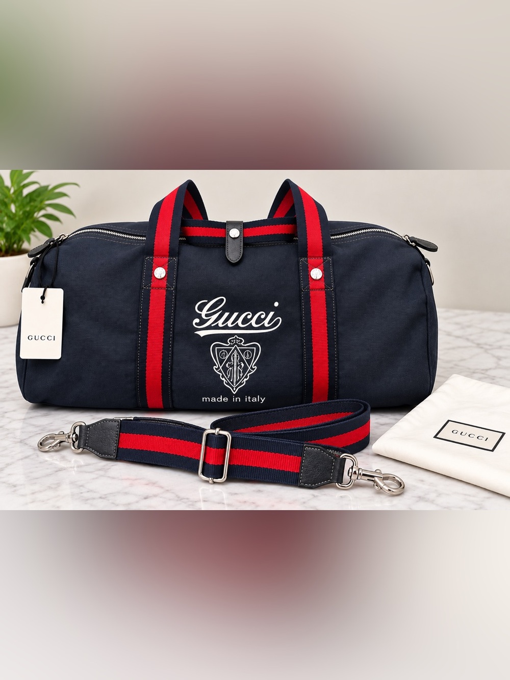 NWT Gucci Navy Canvas Duffel with Red Stripe and Logo